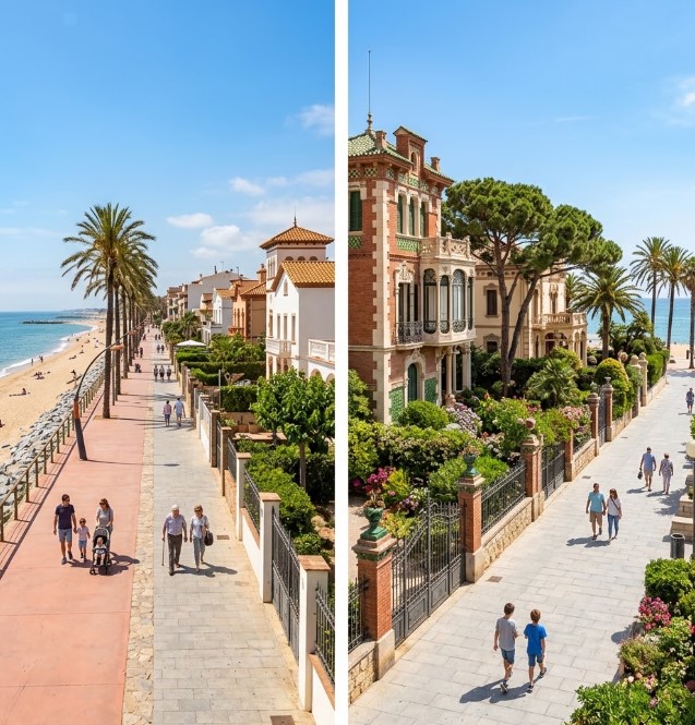 Vistas de las zonas peatonales, el legado modernista y el entorno marítimo de Vilassar de Mar